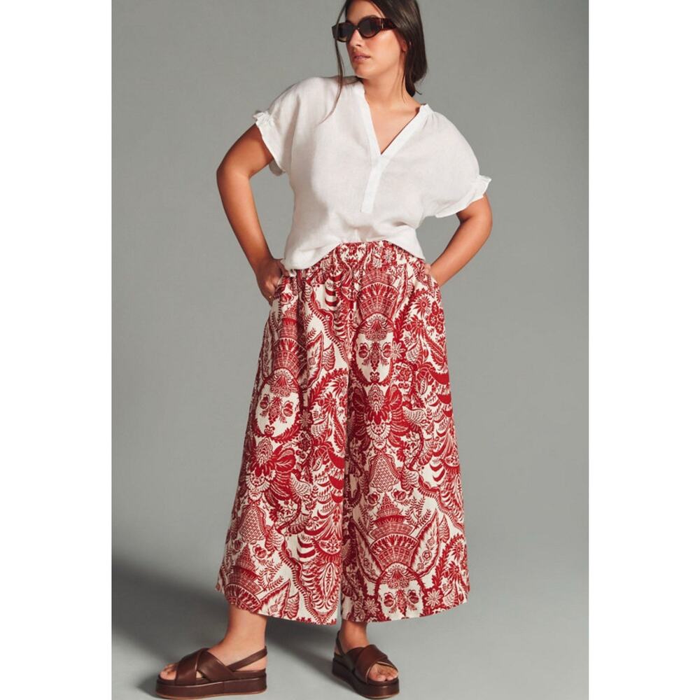Anthropologie Damask Jacquard Wide-Leg Cropped 100% Linen Pants Size Small 3020
